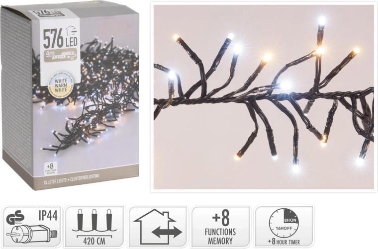 Kerst LED-lichtsnoer 4,2 m, 576 LED, warm wit, 8 functies, IP44, met timer