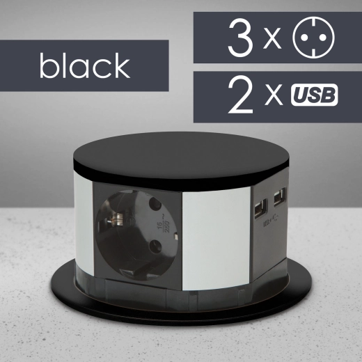 Inklapbare ingebouwde stekkerdoos met 3 stopcontacten, USB-A en USB-C, zwart