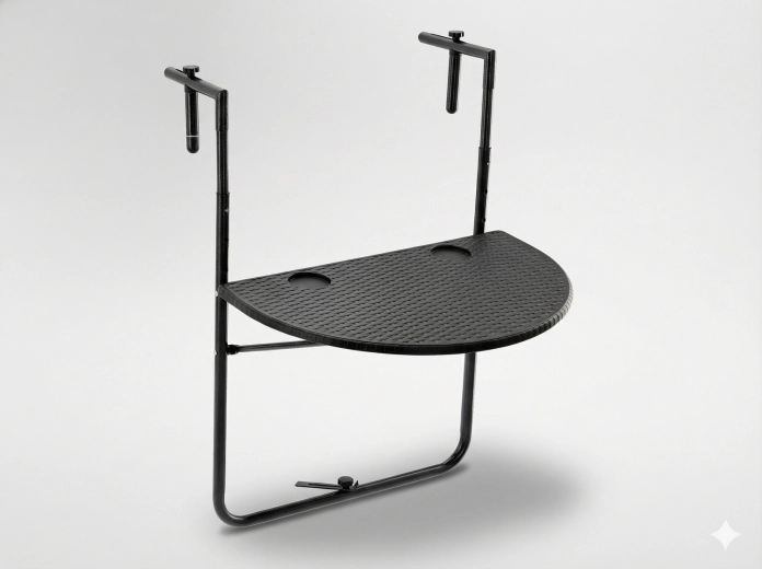 Hangende opklapbare balkon tafel, halfrond, zwart rattan-look