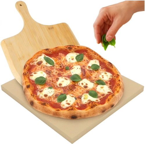 Pizzasteen Ruhhy 38 × 36 cm met bamboe pizzaschep 2-in-1 (cordieriet)