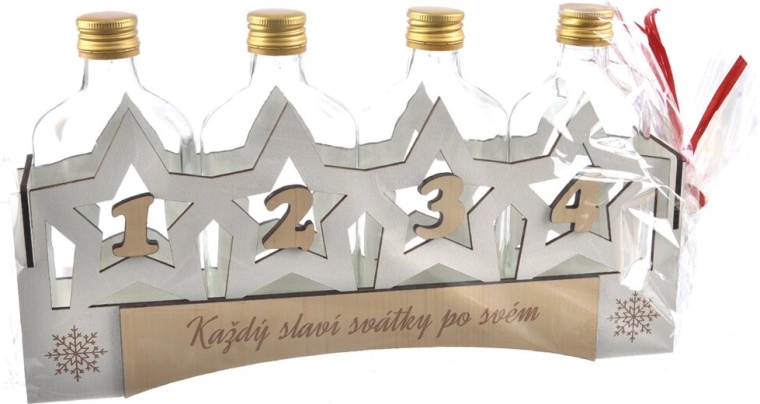 Glazen fles in houten standaard met adventsmotief 33 × 18,5 × 6,5 cm