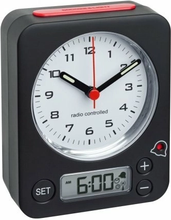 Draadloze wekker TFA COMBO met digitale instelling, zwart‑rood