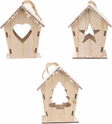 Hangend houten huisje met LED-verlichting bruin