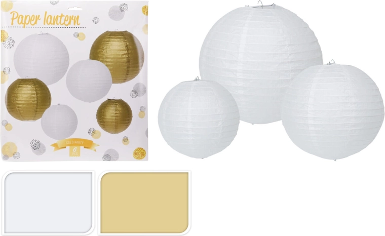Papieren feestlampions wit en goud, set van 6 stuks (30/25/20 cm)