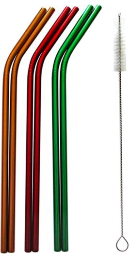 Set van 6+1 rvs rietjes met reinigingsborsteltje – zwart/blauw/groen