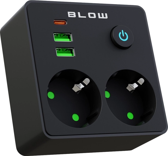 BLOW stopcontactverdeler met 2 stopcontacten, 2× USB en USB-C, zwart