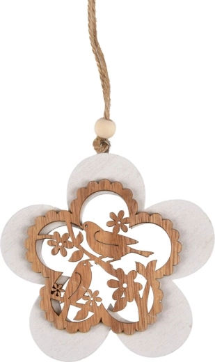 Hangende houten bloemetjesdecoratie met vogeltje beige-wit 10 cm
