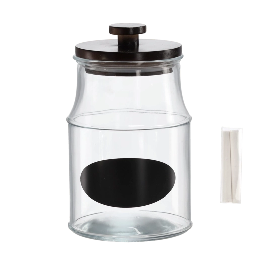 Glazen pot 2,6 l met houten deksel, label en krijt