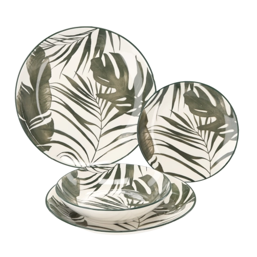Ronde 18-delige dinerset Groene bladeren