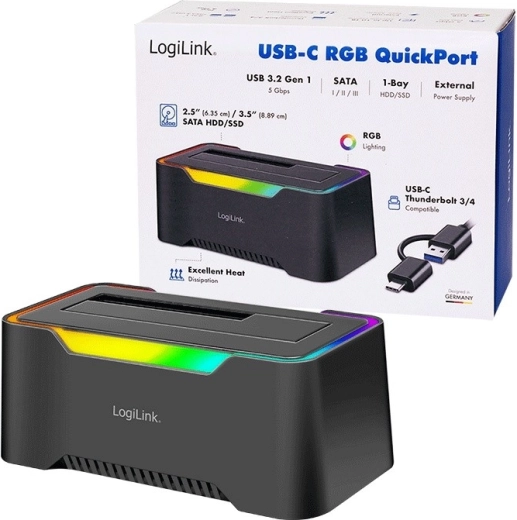 LogiLink USB‑C 3.2 Gen 1 dockingstation voor 2,5"/3,5" SATA HDD/SSD met RGB