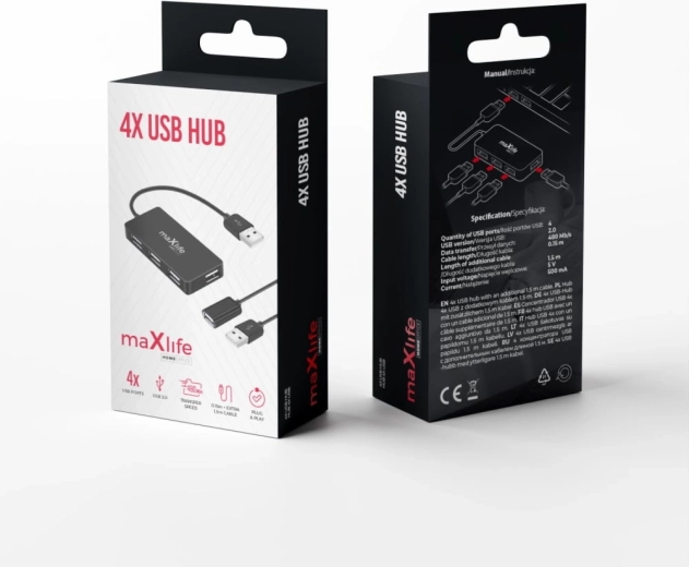 Maxlife home office USB-hub 4× USB 2.0 zwart 1,5 m