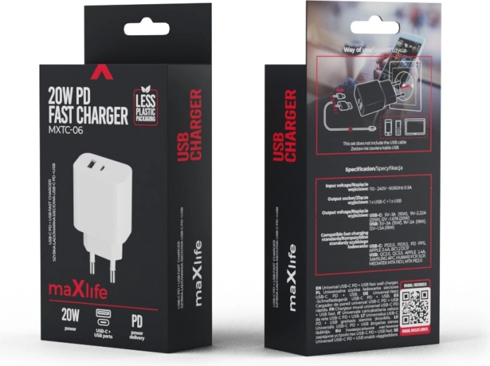 Maxlife oplader PD/QC 20 W, 1× USB‑C + 1× USB, wit