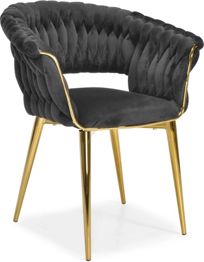 Gestoffeerde fluwelen eetkamer- en woonkamerstoel, zwart met gouden poten en gevlochten rugleuning
