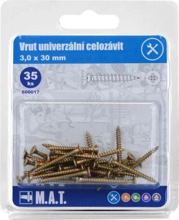 Universele schroef met volle draad 3,0 × 30 mm, verzinkt, 35 stuks