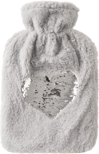 Grijze warmwaterkruik 1,6 l met pluche hoes en paillettenhart