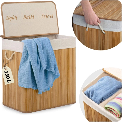 Bamboe wasmand 150 l met 3 vakken en deksel MASSIDO