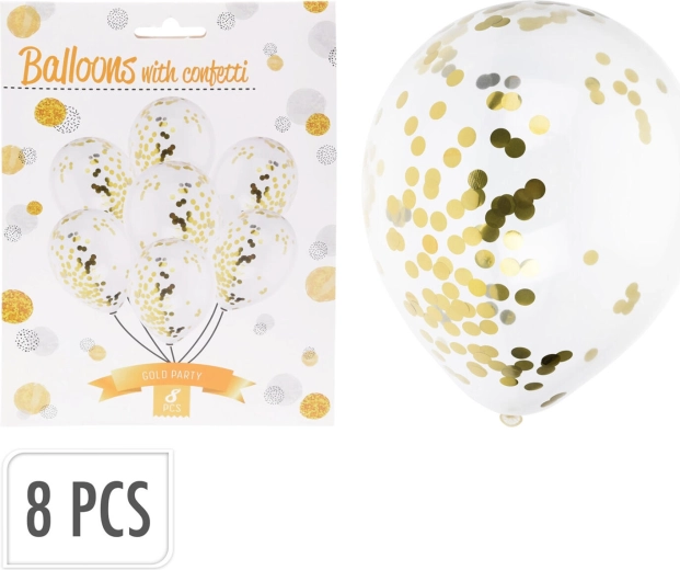 Partyballonnen met witte en gouden confetti (8 stuks)