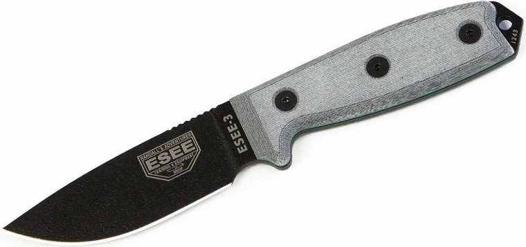Universeel tactisch mes ESEE 3P, zwarte lemmet, grijze Micarta, Coyote Tan schede