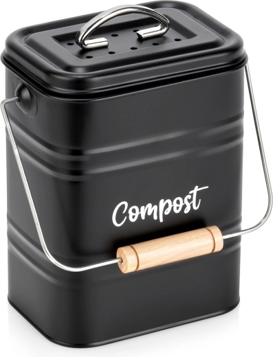 Keukencompostbak met koolstoffilter, metaal, zwart, 5 l