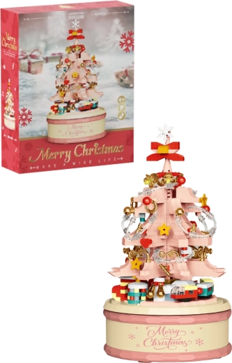 Bouwset roze kerstboom met LED-verlichting en speeldoosje (683 onderdelen)