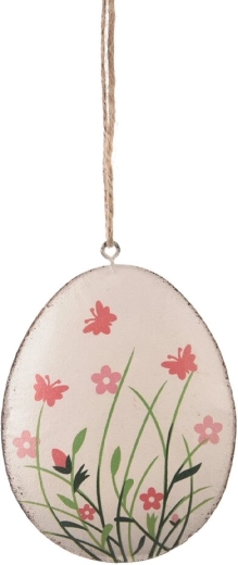 Hangend metalen paasei in wit met bloemenmotief 11 cm