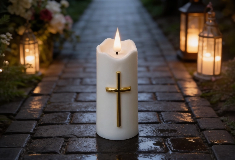 LED-kaars 5 × 11,5 cm wit met gouden kruis