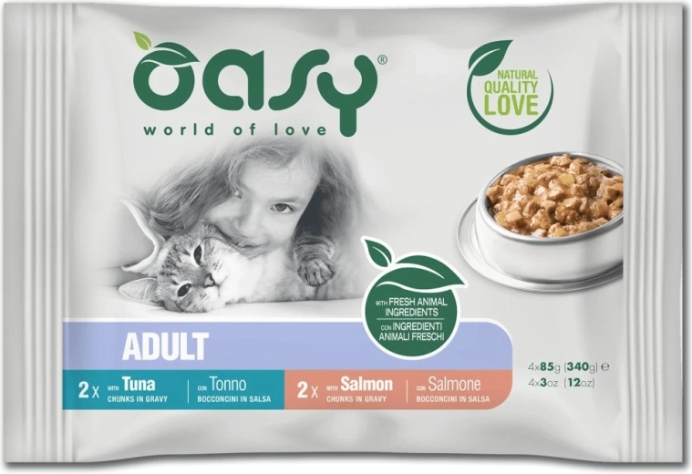 Oasy zakjes voor volwassen katten in saus – visselectie 4×85 g