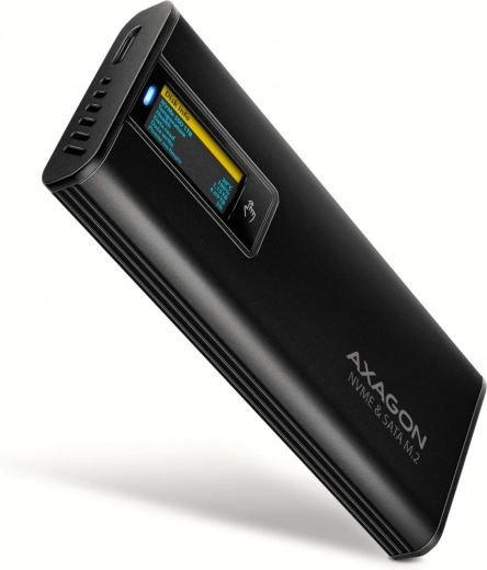 Axagon EEM2-SD2B externe aluminium behuizing voor M.2 NVMe/SATA, USB-C 3.2 Gen 2, LED-display, zwart