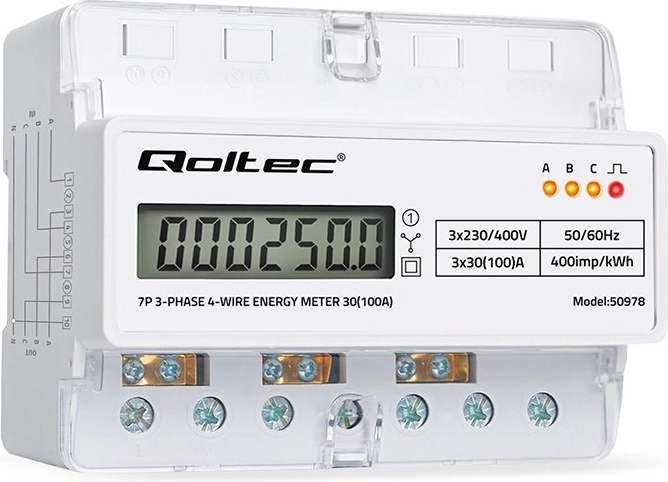 Driéfase elektronische elektriciteitsmeter voor DIN-rail, 400 V, 100 A, LCD- en LED-indicatie