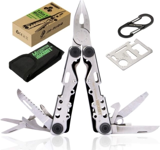 Jakemy multifunctionele multitool 10-in-1 met survivalkaart, karabijnhaak en etui - 1 stuk