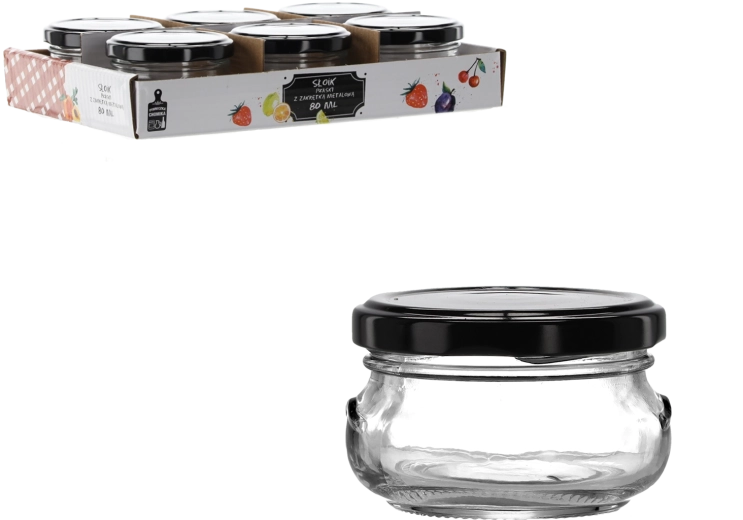 Glazen pot 80 ml met plat model en zwart metalen deksel