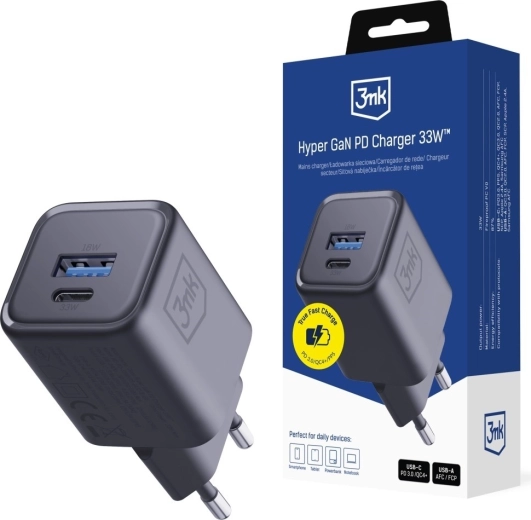 3MK Hyper Charger PD 33W GaN netlader USB-A en USB-C zwart