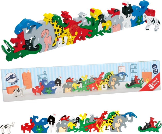 Houten puzzel dieren met letters en cijfers