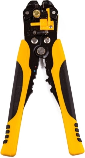 Professionele kabelstrip-/ontmanteltang met connector-krimpen en draadknipper, geel-zwart - 1 stuk