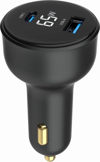 Snelle autolader 2× USB‑A + USB‑C PD met LCD, 65 W, zwart