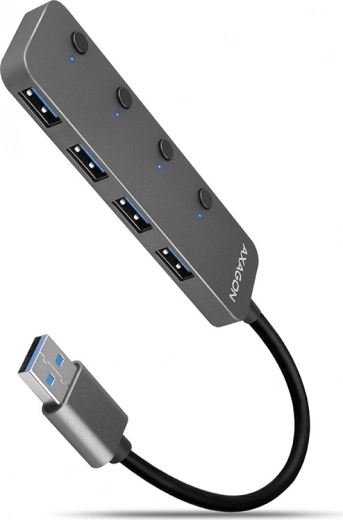 Axagon HUE-MSA metalen USB-hub 4× USB 3.2 Gen 1 met schakelaars, 20 cm kabel