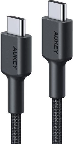 aukey usb‑c naar usb‑c kabel 0,9 m met nylonvlecht, 60 w pd, 3 a, zwart