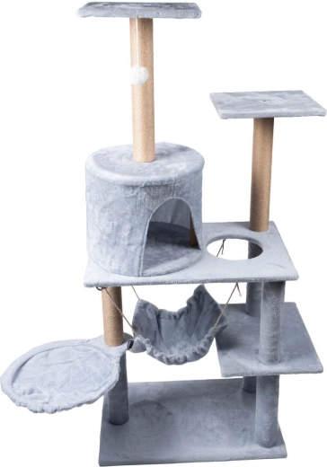 Grijze kattenkrabpaal met huisje en ligplekken – 5 niveaus