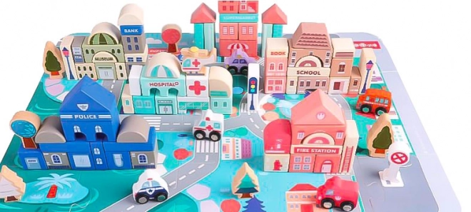 Houten educatieve blokken stad met basis 115 stuks ECOTOYS
