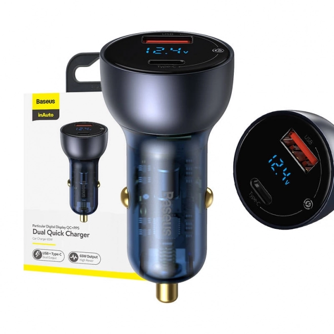 Baseus duale autolader met digitaal display, USB en USB-C, snel opladen 65W