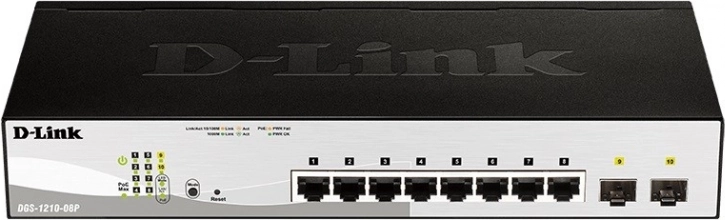 D-Link DGS‑1210‑08P gigabit PoE smart switch 8× RJ‑45 en 2× SFP