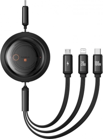 Uitschuifbare 3-in-1 oplaadkabel BASEUS Free2Draw USB‑C/Lightning/Micro 100W, 1,1 m, zwart