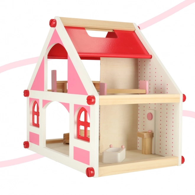Houten poppenhuis roze Montessori met meubels en accessoires