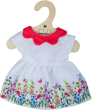 Witte bloemenjurk met rode kraag voor pop van 34 cm