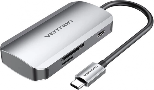 USB‑C-dockingstation 3× USB 3.0 met SD/TF‑kaartlezer en PD‑voeding 100 W Vention, grijs