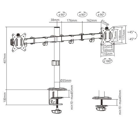 Tafel verstelbare arm voor twee monitoren, maximaal 32 inch, 9 kg