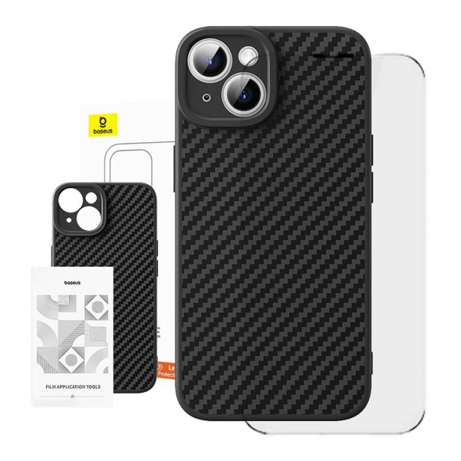 Baseus hoesje van synthetische vezels voor iPhone 15 Plus met gehard glas