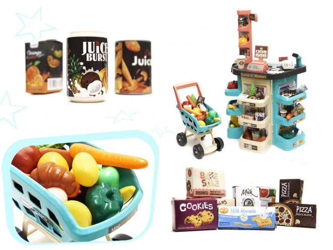 Kindersupermarkt met kassa en muntgroen karretje