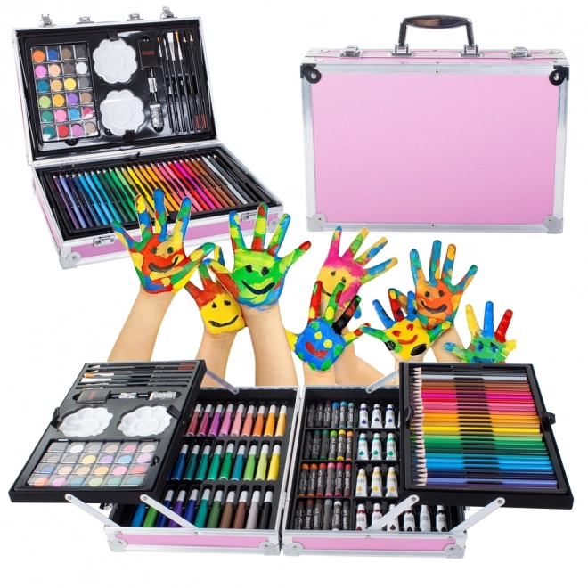 Creatieve roze kunstset 145 stuks in koffer