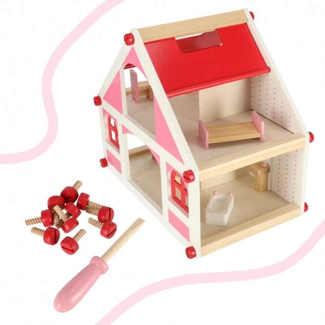Houten poppenhuis roze Montessori met meubels en accessoires